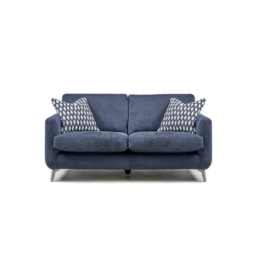 A blue 2-seater Sasha sofa with patterned accent cushions, featuring a compact design with hollow pocketed fibre-constructed back cushions and high gauge serpentine springs for comfort.