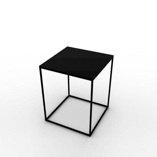 A thin, rectangular coffee table with a matte black finish and visible metal structure, set against a white background.