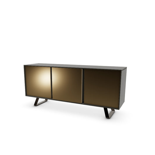 A modern sideboard with three compartments and mirrored-glass doors, with a 'P29L Matt Bronze' frame and 'CMO Mirrored Bronze' doors in a reflective bronze color.