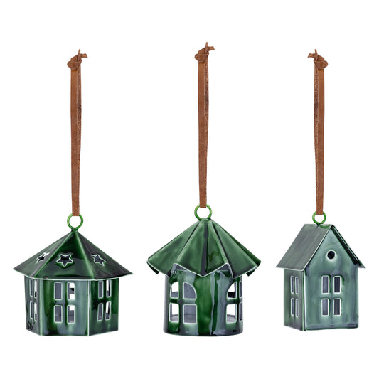 Dark Green Enamel House Tree Decoration Set