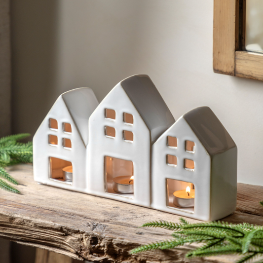 Pearly White Houses Tealight Holder Trio