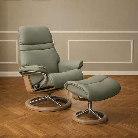 IN-STOCK | Stressless SUNRISE Medium Chair and Stool | Shadow Green Paloma Leather