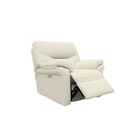 An electric recliner chair with a cream-colored leather exterior, showing the chair in a reclined position.