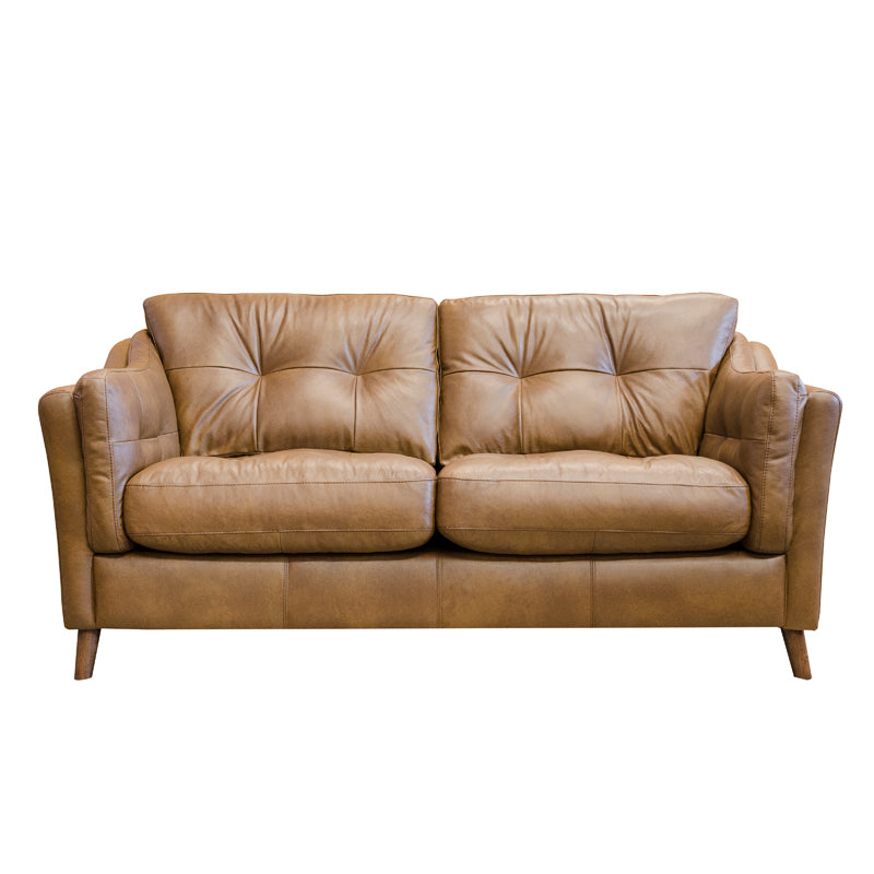 Alexander & James Saddler Midi Sofa in tan leather. The image of the sofa is on a white background. 