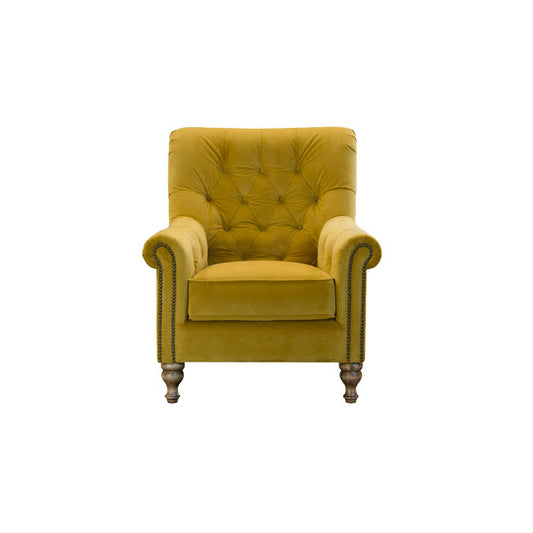 Alexander & James Sofia Chair. The image is a cutout image of a yellow chair on a white background. 