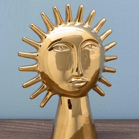 Golden Ceramic Sun Head Sculpture