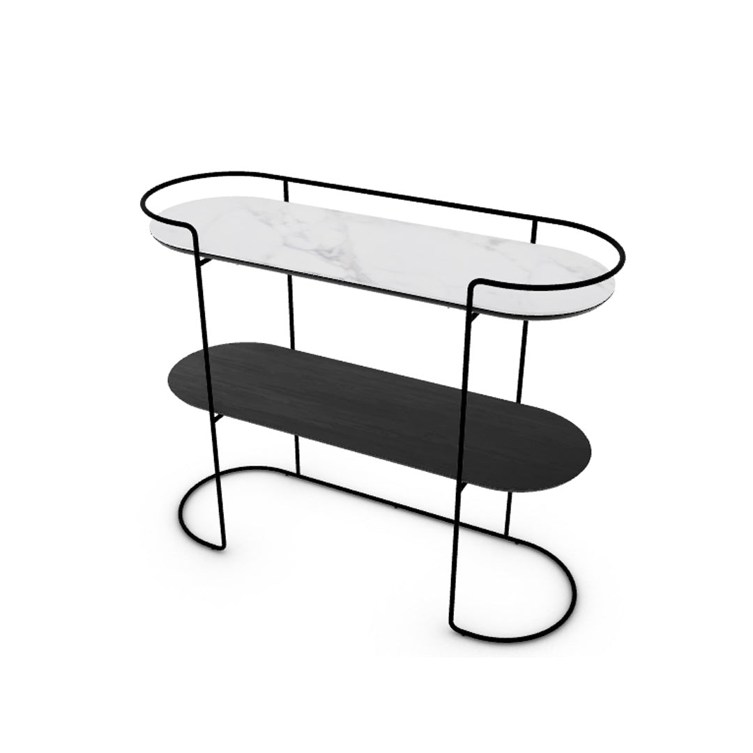 A black metal-bar frame console table with a white marble top, displaying a sleek and modern design.