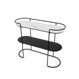 A black metal-bar frame console table with a white marble top, displaying a sleek and modern design.