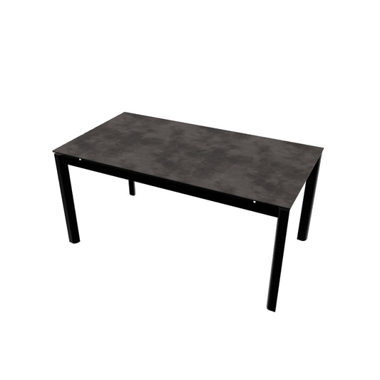 A rectangular dining table with black frame and a gray tabletop, featuring uniquely shaped legs.