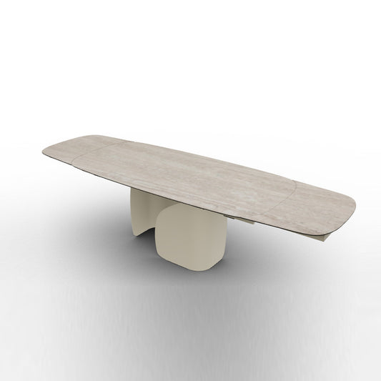 A rectangular dining table with a beige matte finish and a minimalist design, featuring a visually stunning base with two curved and molded sheet elements.