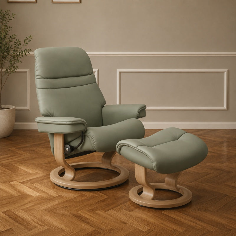 IN-STOCK | Stressless SUNRISE Medium Chair and Stool | Shadow Green Paloma Leather