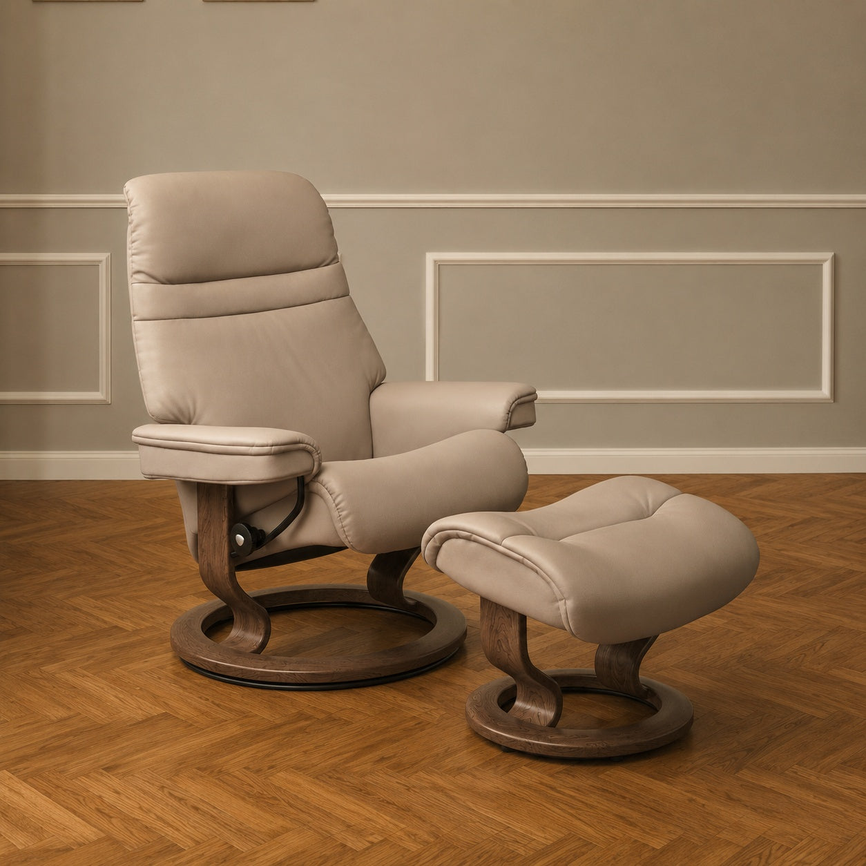 IN-STOCK | Stressless SUNRISE Medium Chair and Stool | Mushroom Paloma Leather