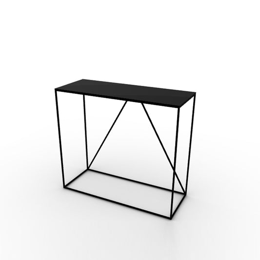 A thin rectangular console table with a metallic geometric design, featuring a black magnetic ceramic shelf.
