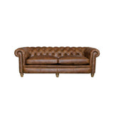 Image of a brown chesterfield sofa on a white background. The Sofa has Light brown feet. 