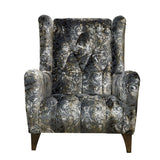An image of the Alexander & James Viola Accent Chair in a grey patterned fabric. The image of the chair is on a white background. 