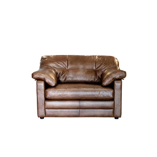 An image of the Alexander & James Bailey Lounge Chair. The image is  a cut out of the brown leather chair on a white background. 