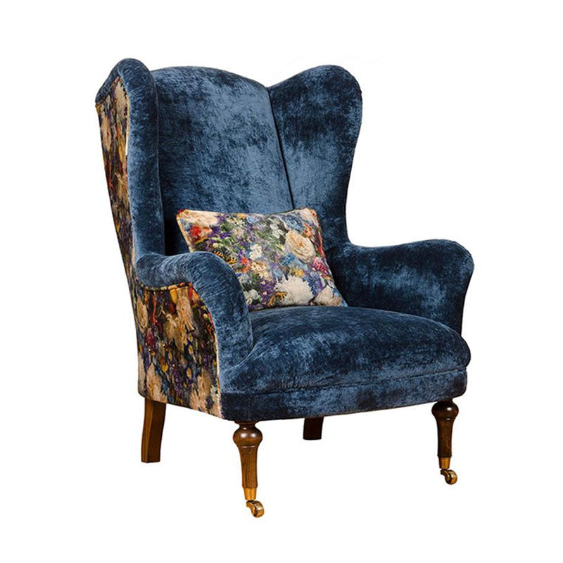 Spink & Edgar Crawford Wing Chair in Allure Velvet Azure with Royal Garden Sapphire Outside trim & scatter