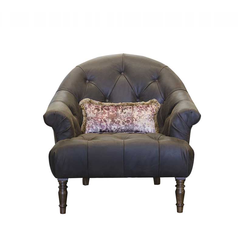 An image of the Alexander & James Imogen Chair. The chair is in a dark brown leather and dark wooden legs. 
